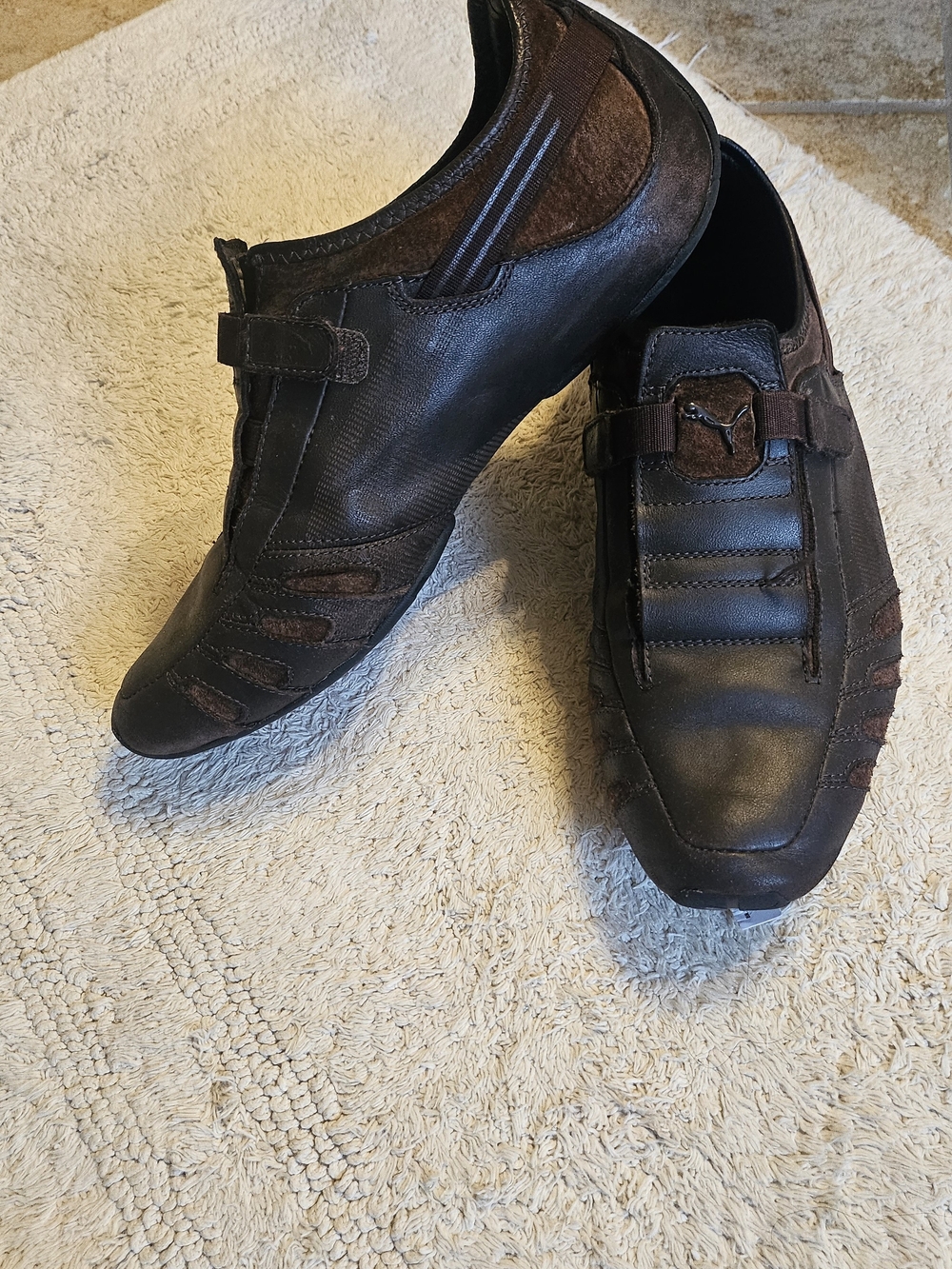 Puma Men’s Black and Dark Brown Leather Slip-On Driving Loafers